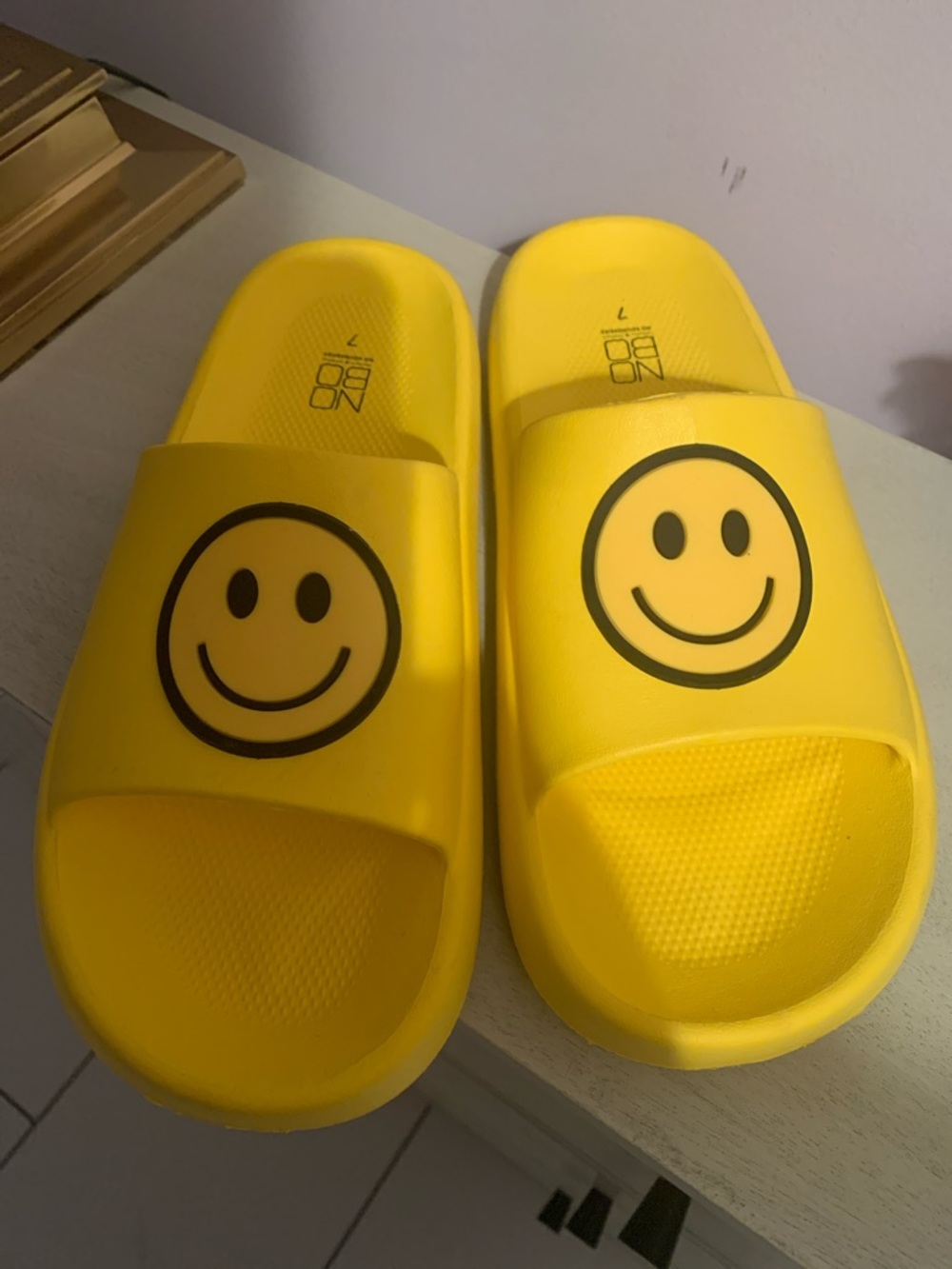 NWOT- Women’s Yellow Smiley Face Slide Sandals